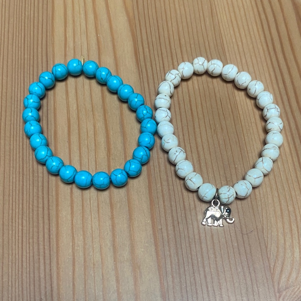 Turquoise and Cream Beaded Bracelets with Elephant Charm